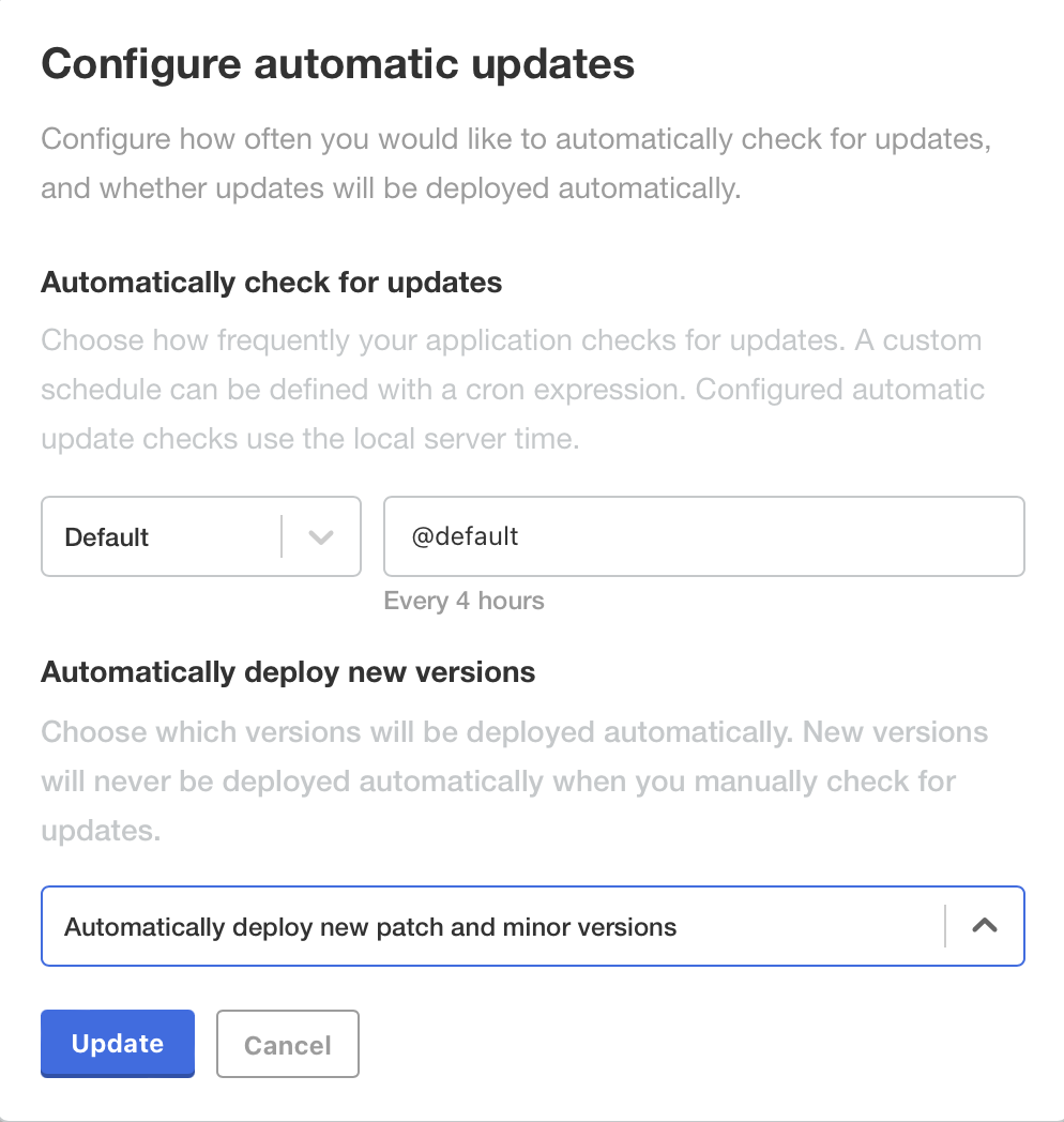 Automatic updates configuration modal